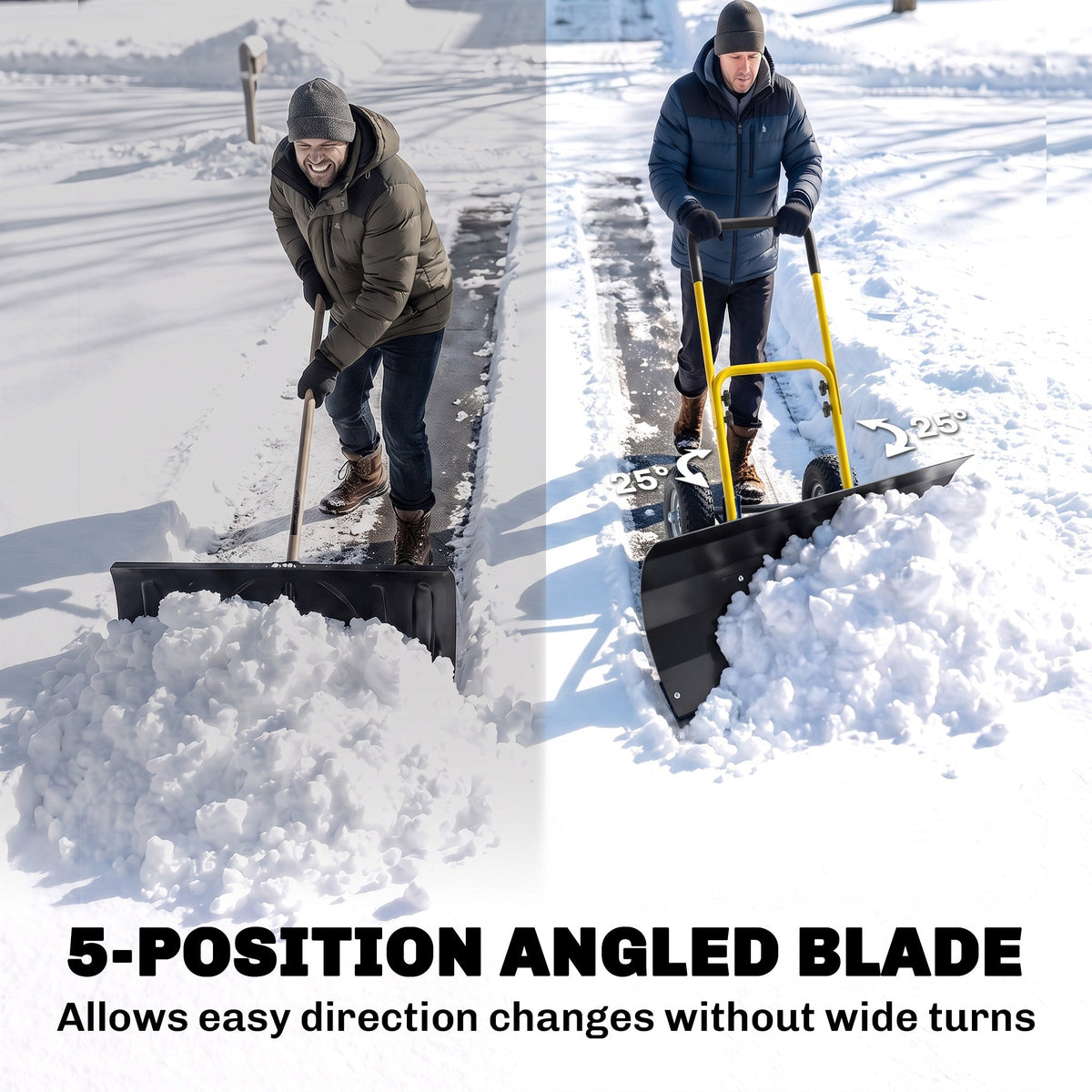 Heavy Duty Metal Snow Pusher with Wheels, 5-level Handle, 29in x 16.5in, Yellow