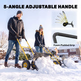 Heavy Duty Metal Snow Pusher with Wheels, 5-level Handle, 29in x 16.5in, Yellow