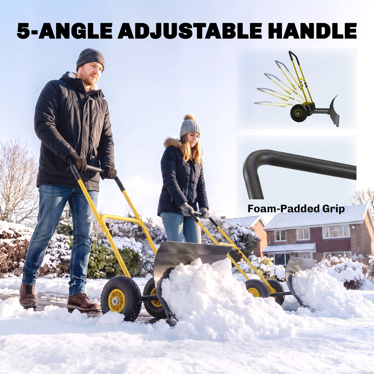 Heavy Duty Metal Snow Pusher with Wheels, 5-level Handle, 29in x 16.5in, Yellow