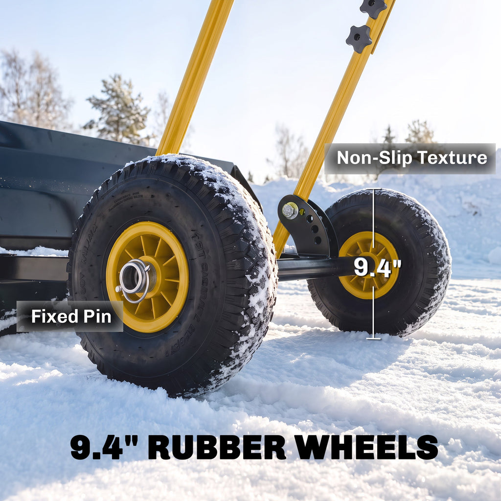 Heavy Duty Metal Snow Pusher with Wheels, 5-level Handle, 29in x 16.5in, Yellow