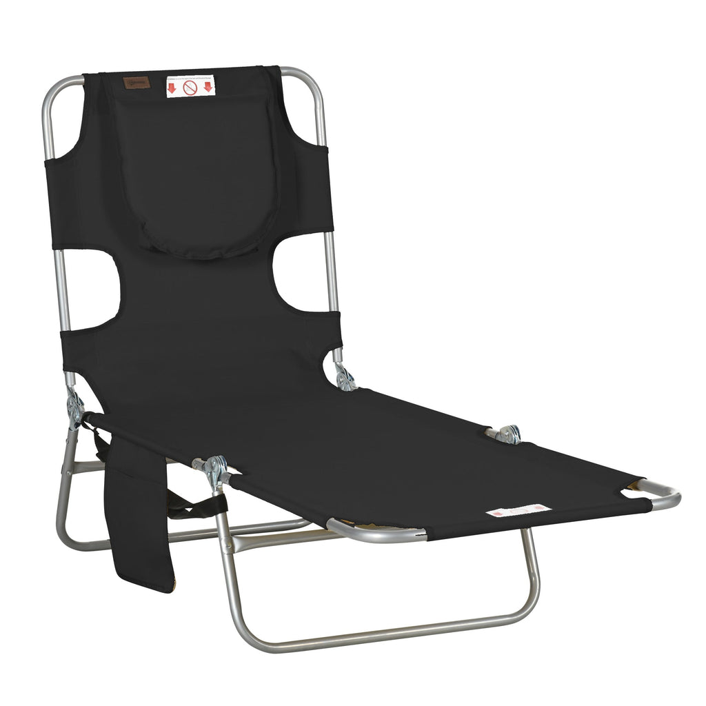 Folding Lounge Chair with Face Hole, Side Pocket and Strap, Black
