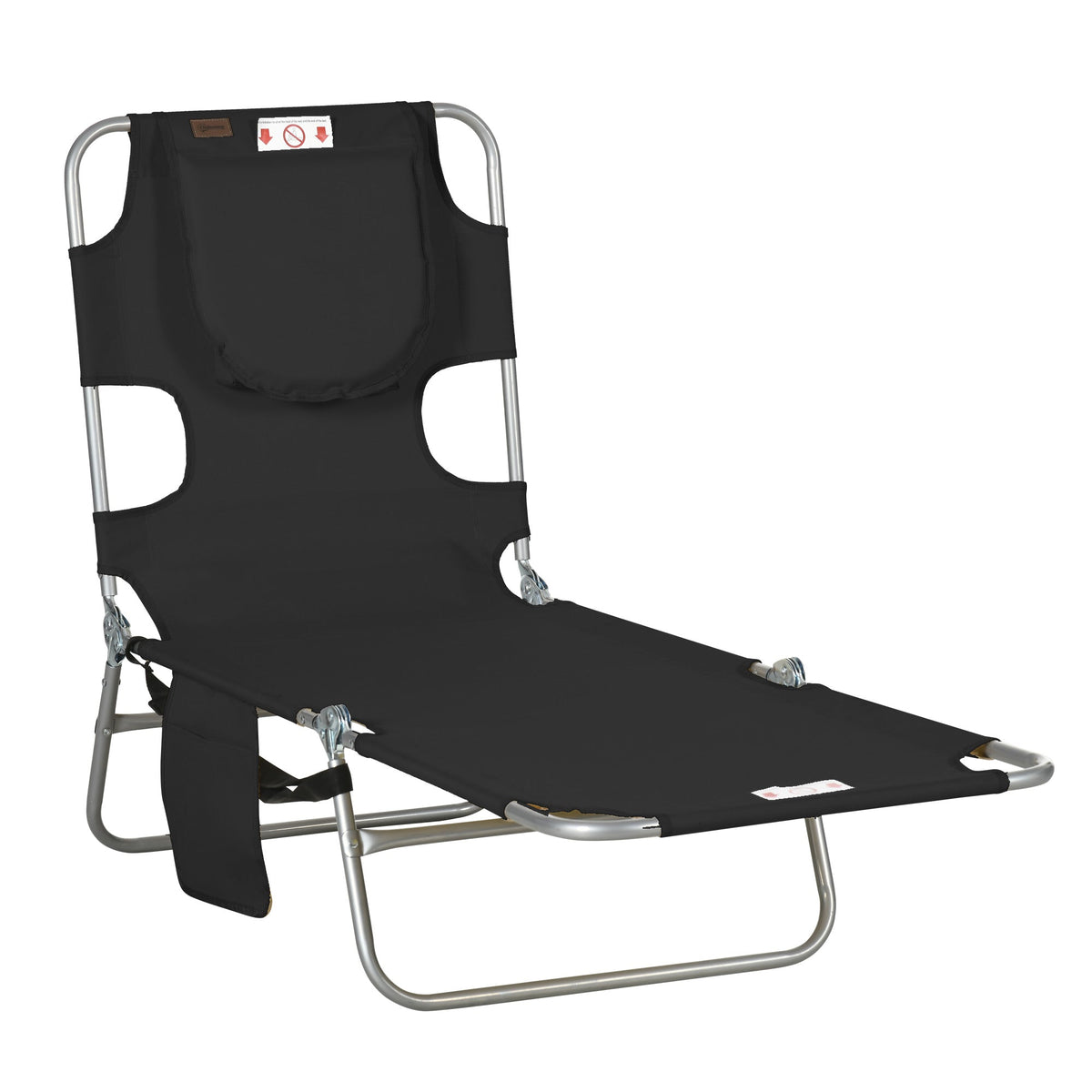 Folding Lounge Chair with Face Hole, Side Pocket and Strap, Black