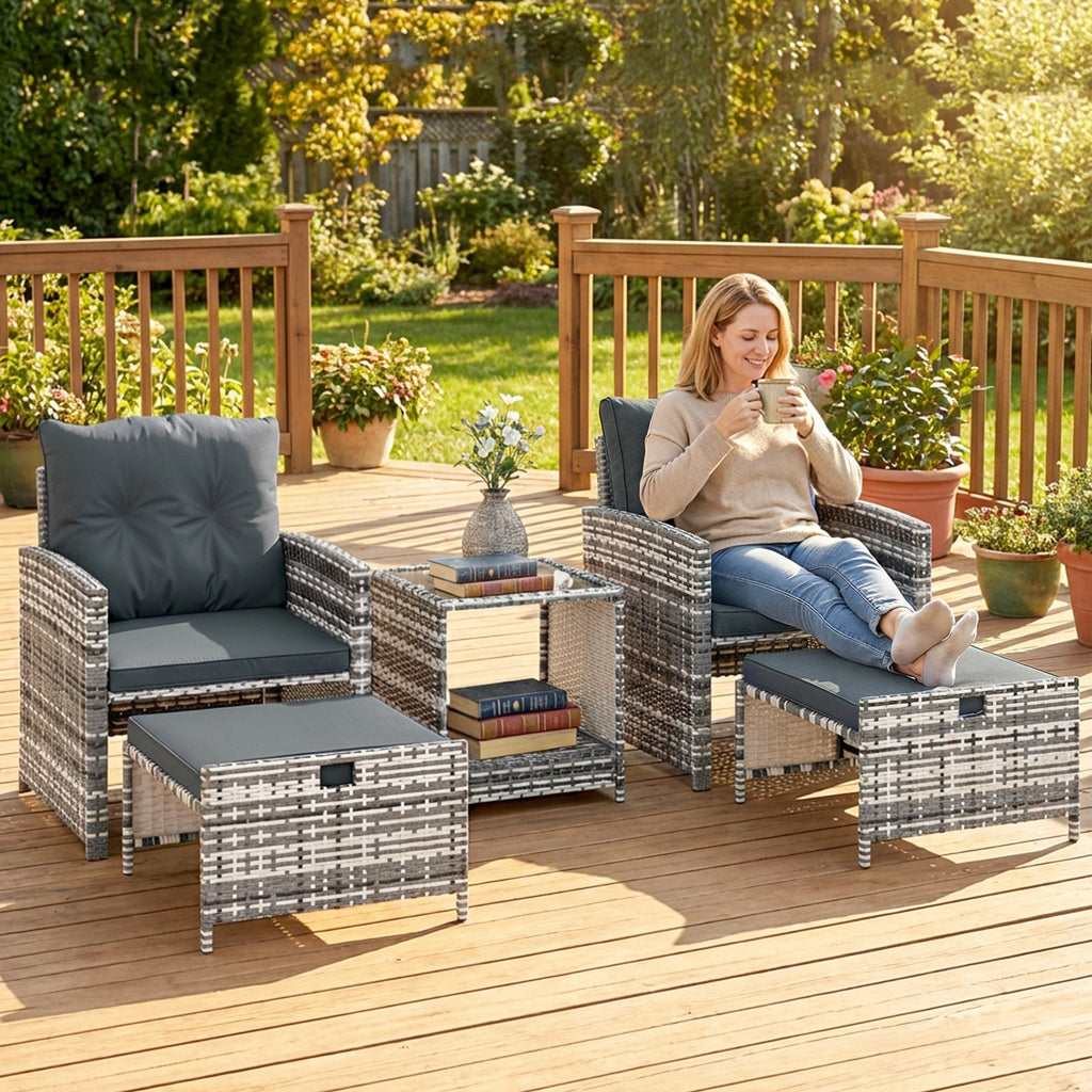 5-Piece Rattan Sofa Set with Ottomans, 2-Tier Glass Table, Grey/Dark Grey
