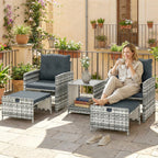 5-Piece Rattan Sofa Set with Ottomans, 2-Tier Glass Table, Grey/Dark Grey