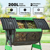 200L Dual Chamber Rotating Compost Tumbler with 8 Adjustable Vents, BPA Free Outdoor Composter in Green