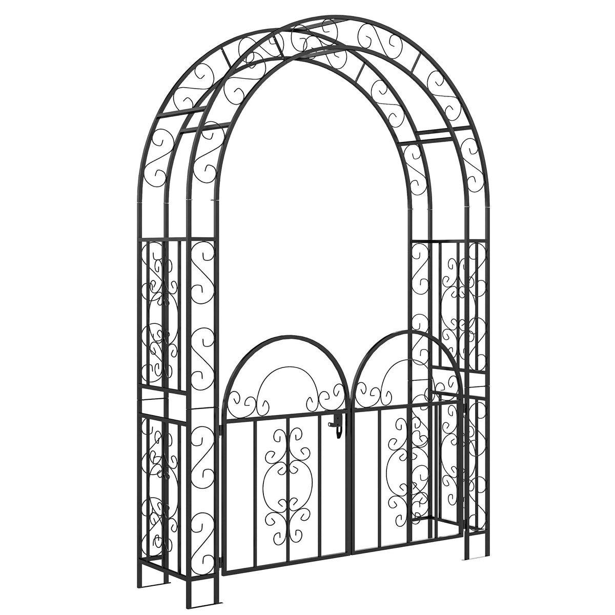 7.4ft Steel Garden Arch with Gate for Climbing Plants, Roses, Vines, Black
