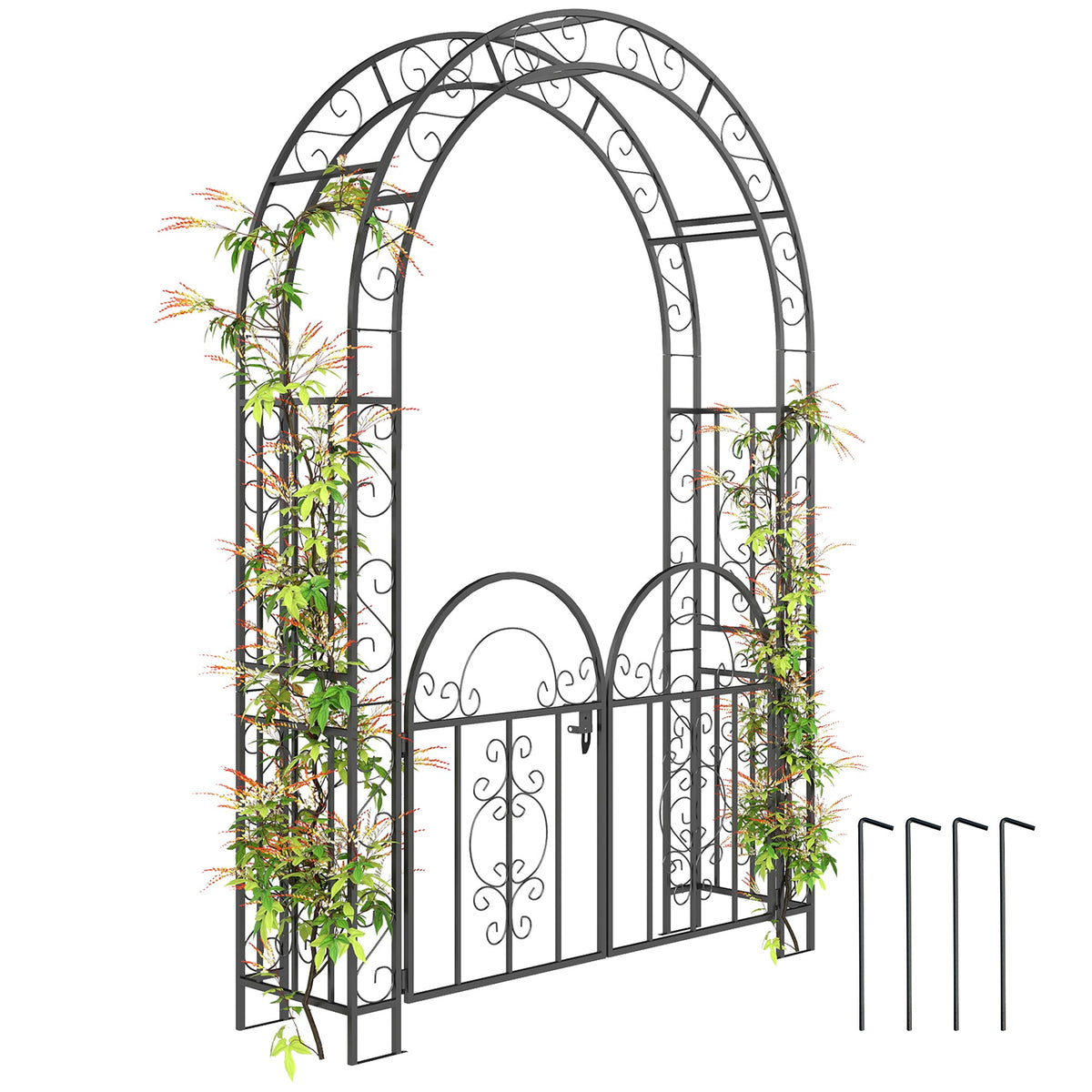 7.4ft Steel Garden Arch with Gate for Climbing Plants, Roses, Vines, Black