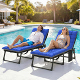 Set of 2 Folding Lounge Chairs, 75 cm Wide with Cushion and Side Pocket, Dark Grey/Blue