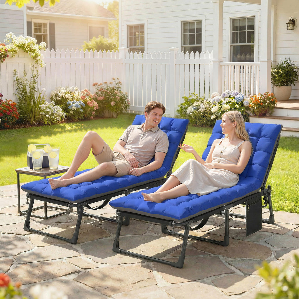 Set of 2 Folding Lounge Chairs, 75 cm Wide with Cushion and Side Pocket, Dark Grey/Blue