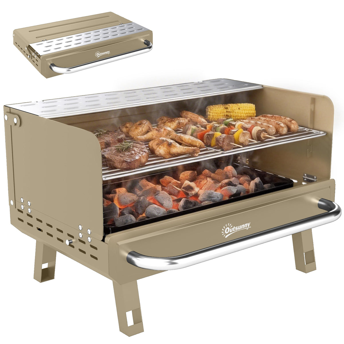 Portable Charcoal BBQ Grill with Adjustable Grates and Side Shelf, Khaki