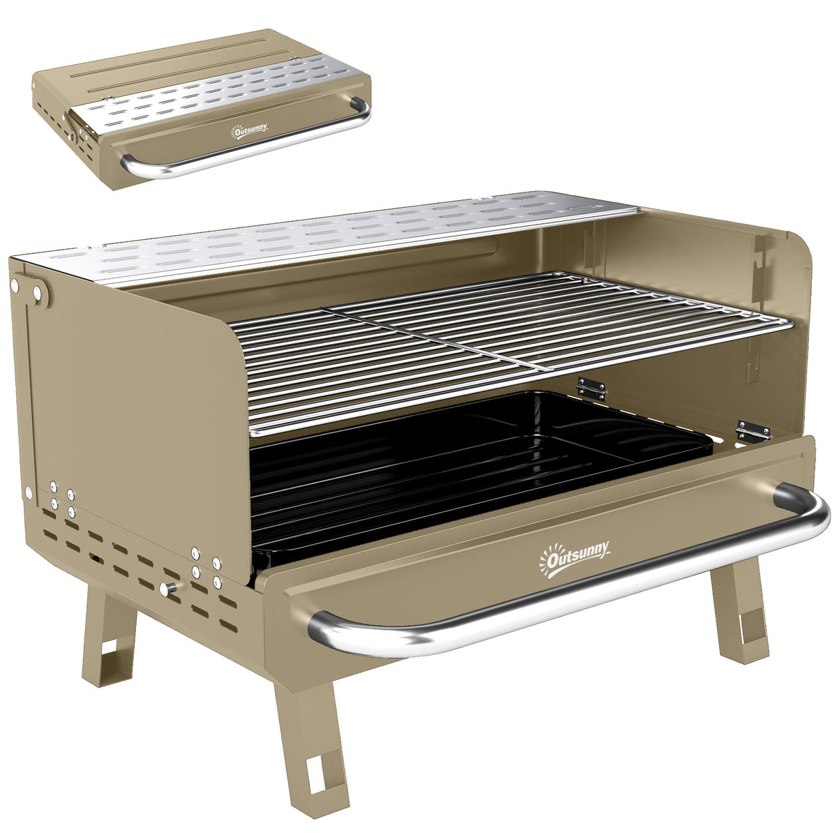 Portable Charcoal BBQ Grill with Adjustable Grates and Side Shelf, Khaki
