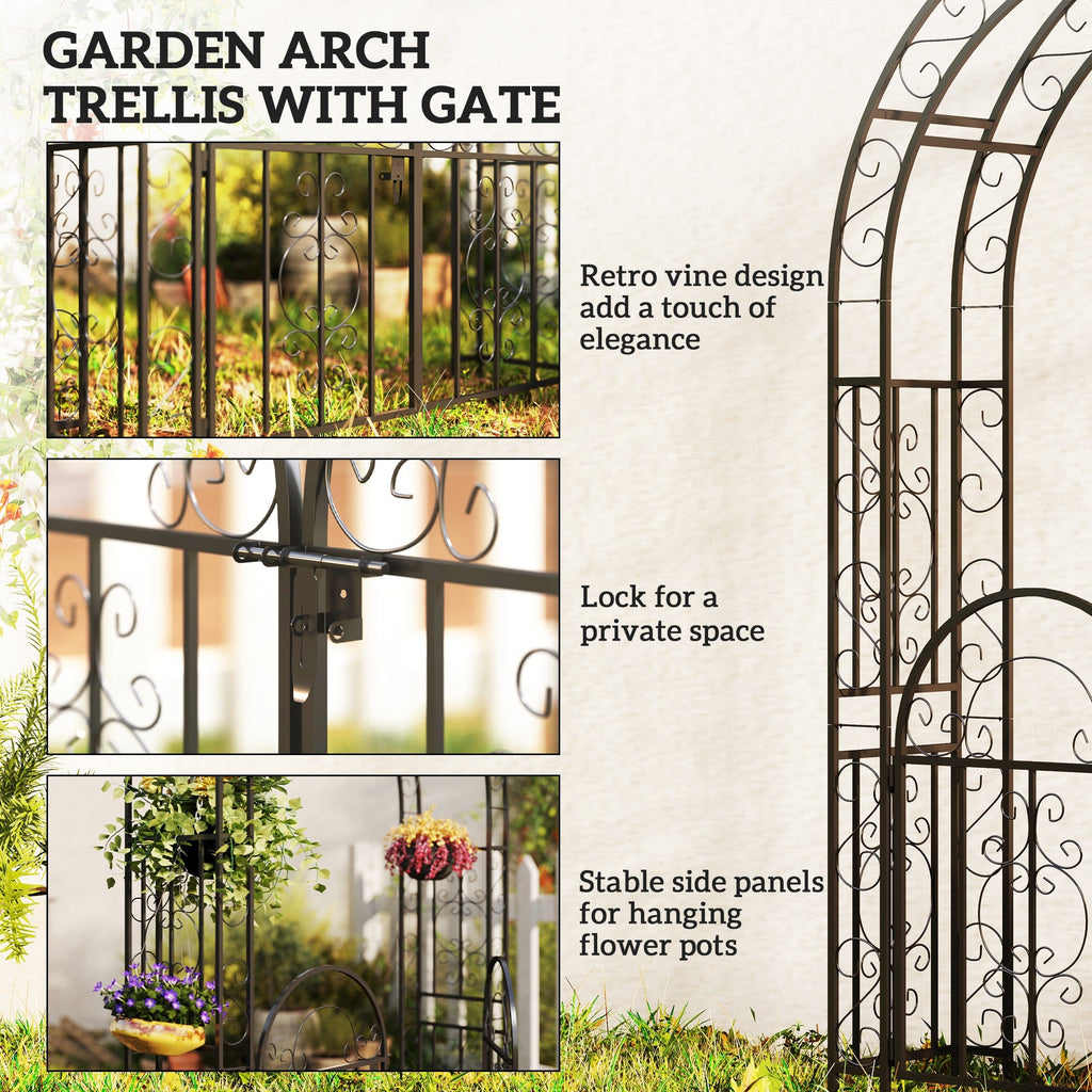 7.4ft Steel Garden Arch with Gate for Climbing Plants, Roses, Vines, Black