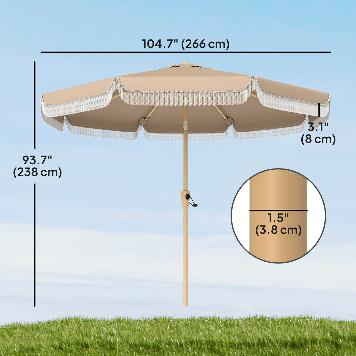9ft Fringed Patio Umbrella with Push Button Tilt and Crank, Khaki
