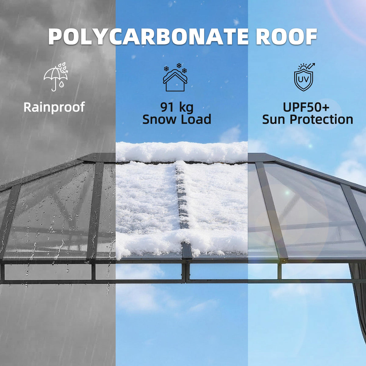3 x 4 m Hardtop Gazebo with Polycarbonate Roof and Curtains, Dark Grey