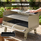 Portable Charcoal BBQ Grill with Adjustable Grates and Side Shelf, Khaki