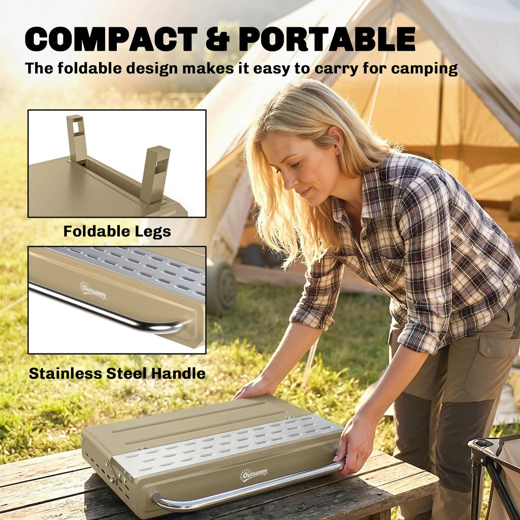 Portable Charcoal BBQ Grill with Adjustable Grates and Side Shelf, Khaki