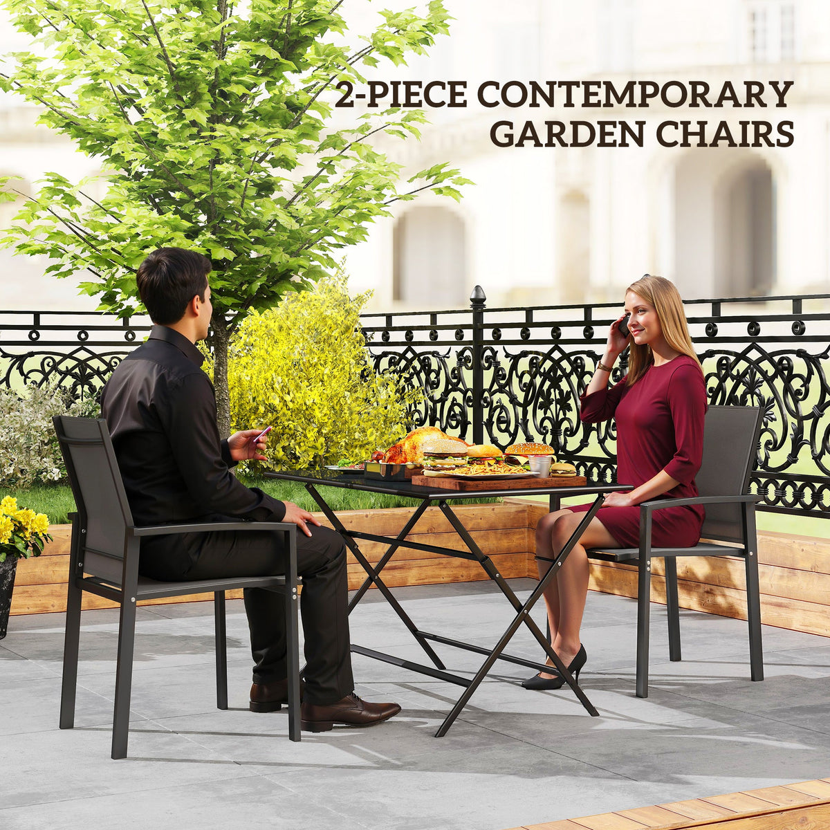 Set of 2 Stackable Patio Dining Chairs with Mesh Seat, Dark Grey