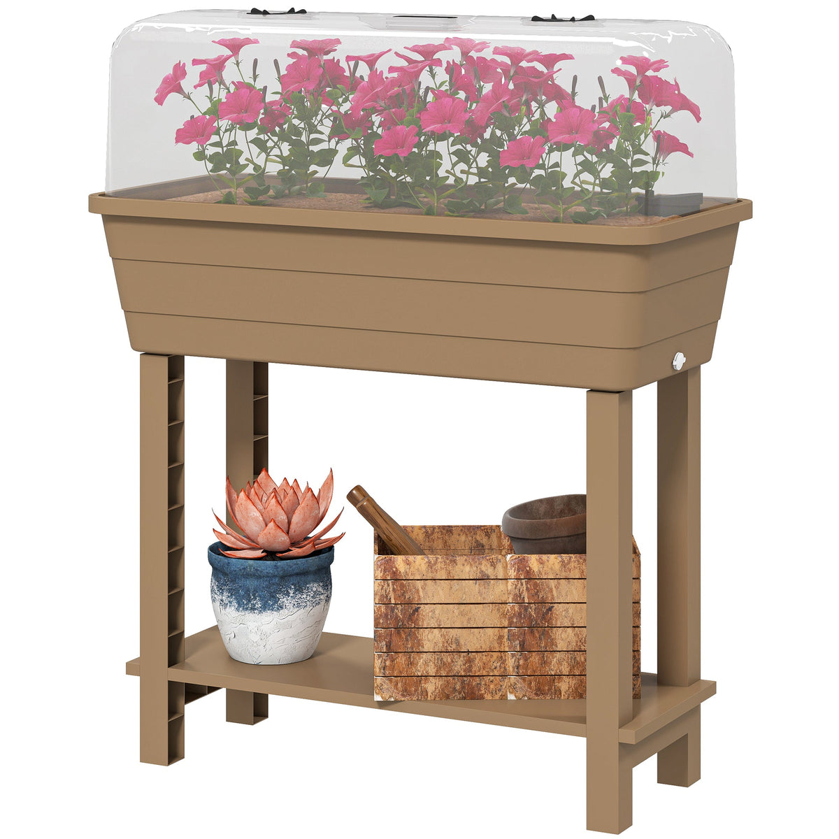 41L Self-Watering Raised Garden Bed with Lid and Shelf, Brown