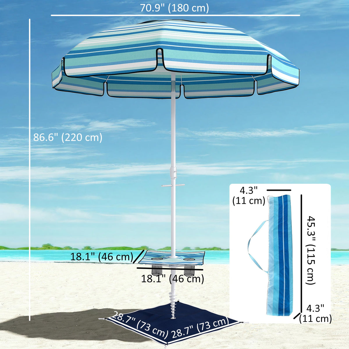 6 ft Portable Beach Umbrella with Foldable Table and Cup Holders, Dark Blue