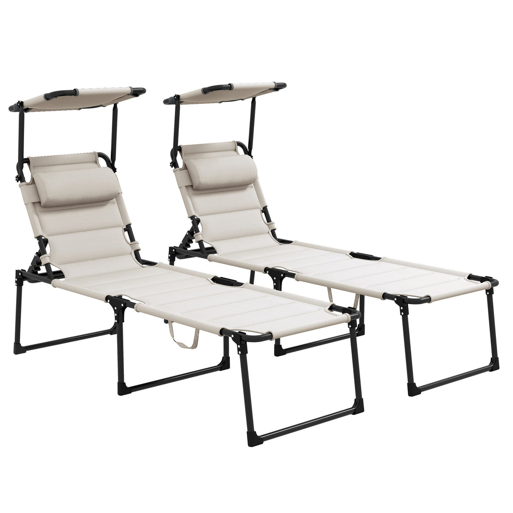 2-Piece Outdoor Lounge Chairs with Sunshade and Pillow, Cream White