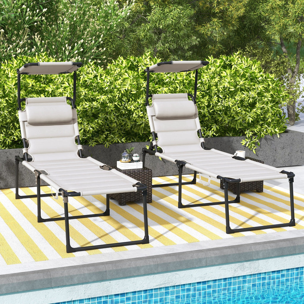 2-Piece Outdoor Lounge Chairs with Sunshade and Pillow, Cream White