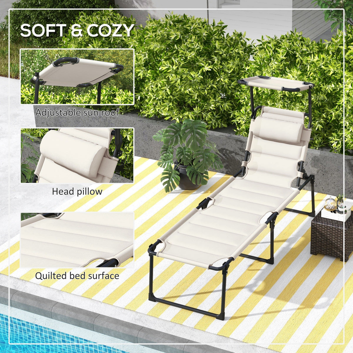 2-Piece Outdoor Lounge Chairs with Sunshade and Pillow, Cream White
