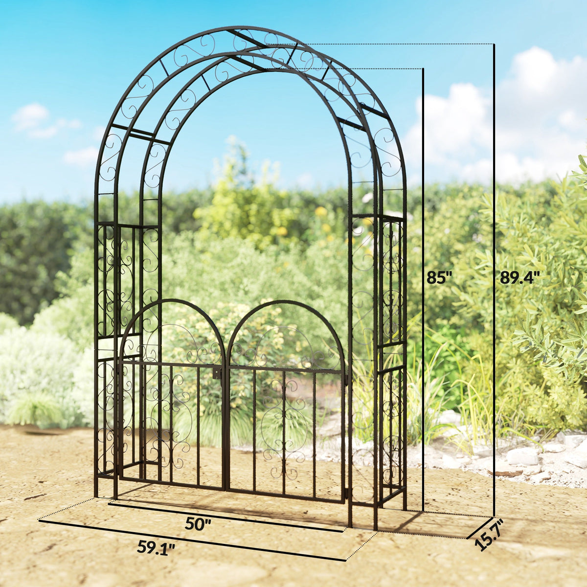 7.4ft Steel Garden Arch with Gate for Climbing Plants, Roses, Vines, Black