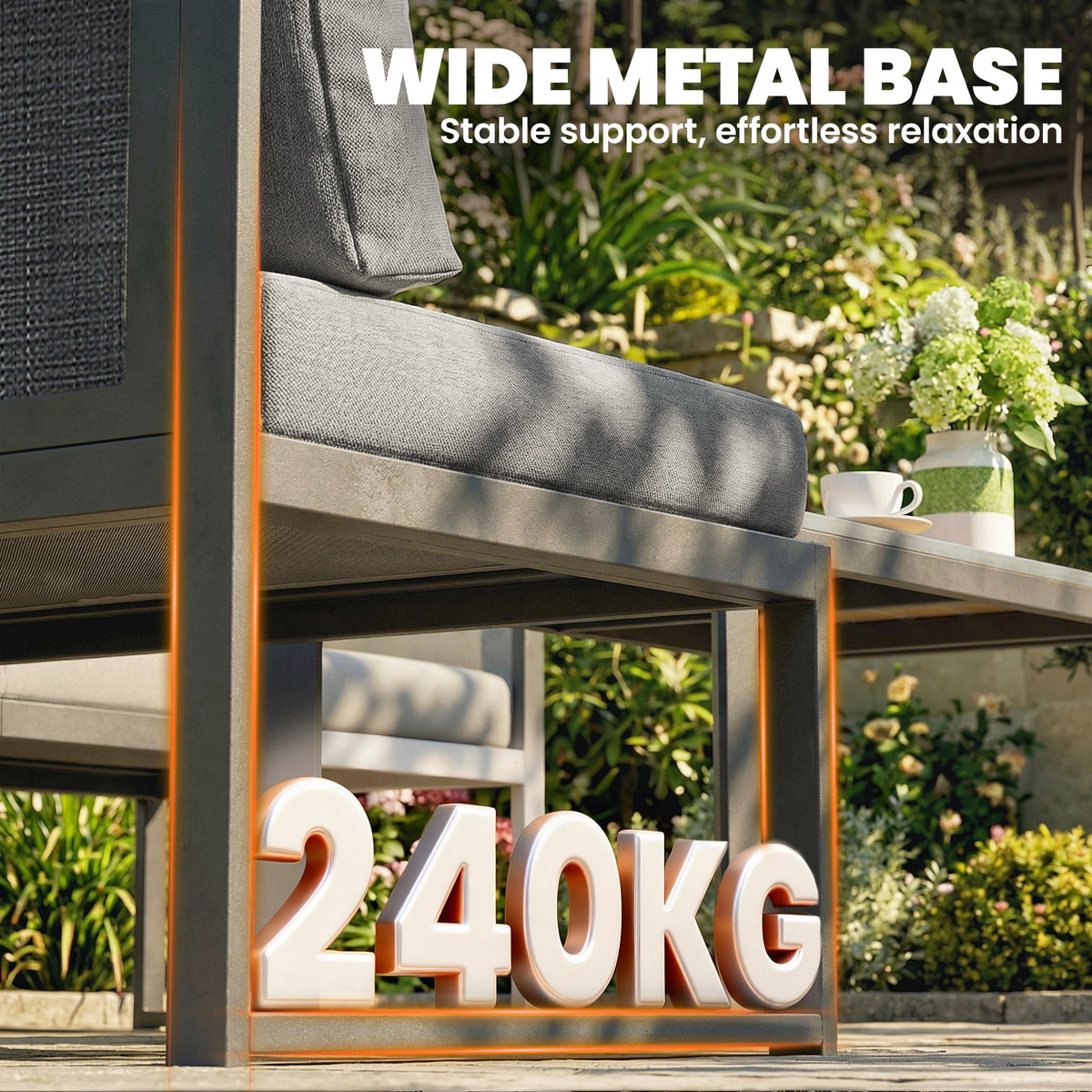 6 Seater Metal Garden Corner Sofa Set with Faux Wood Table, Dark Grey