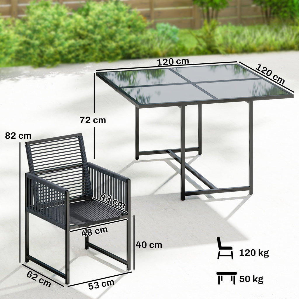 5-Piece Dark Grey Rattan Dining Set with Tempered Glass Top & Foldable Chairs