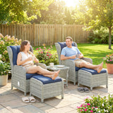 5 Piece Rattan Reclining Chair Set with Footstool and Glass Table, Dark Blue