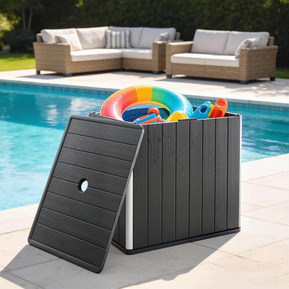 30 Gallon Outdoor Storage Box Side Table with Umbrella Holder