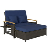 Rattan Daybed with Adjustable Backrest, Storage Ottoman, Navy Blue