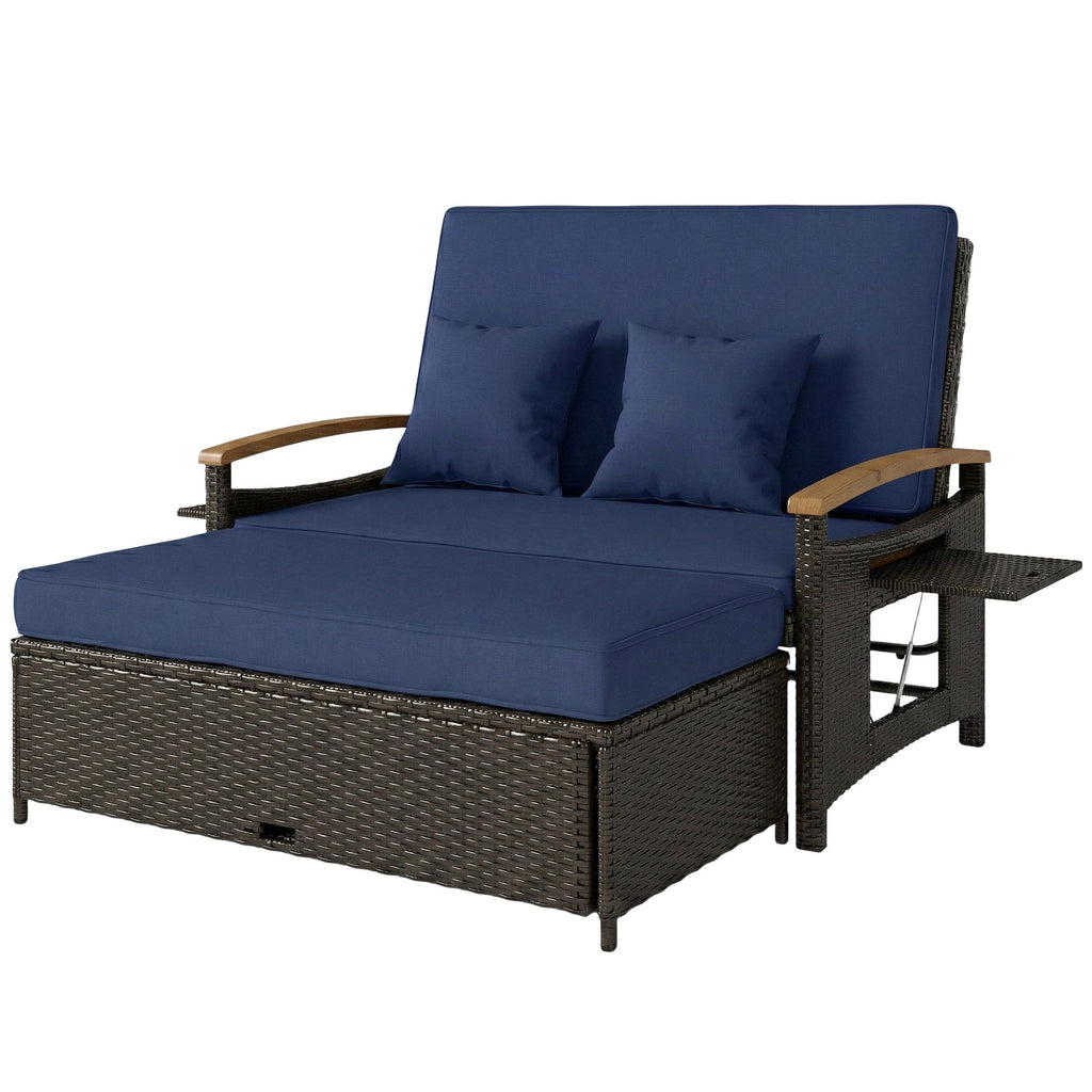 Rattan Daybed with Adjustable Backrest, Storage Ottoman, Navy Blue