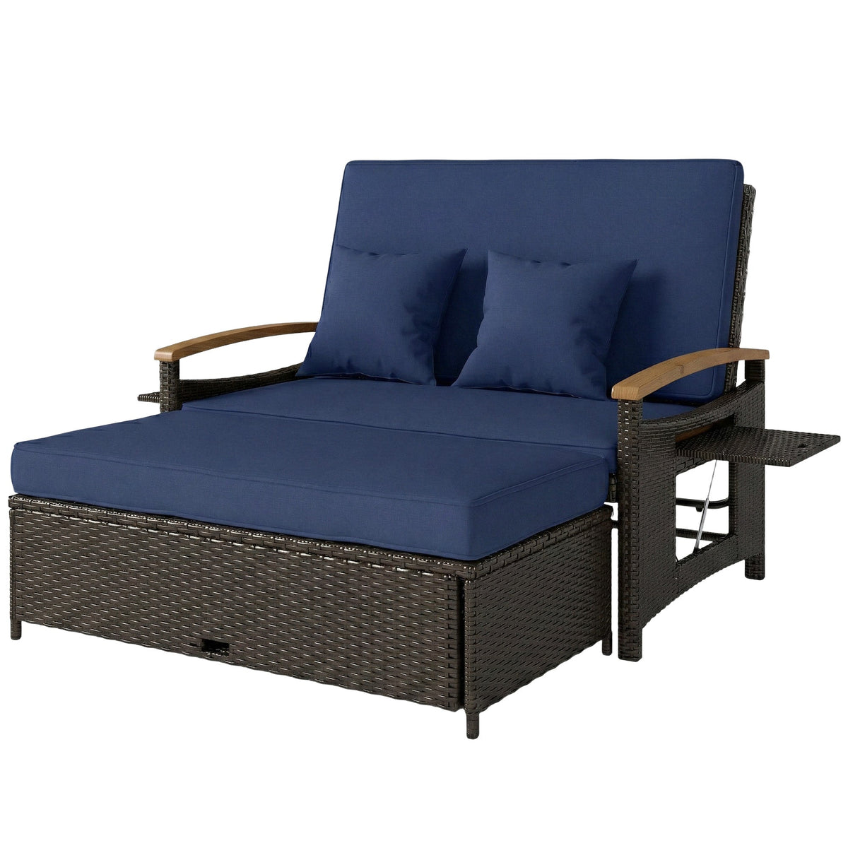 Rattan Daybed with Adjustable Backrest, Storage Ottoman, Navy Blue