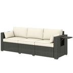 3-Seater Wicker Outdoor Sofa with Side Trays & Thick Cushions, Cream White