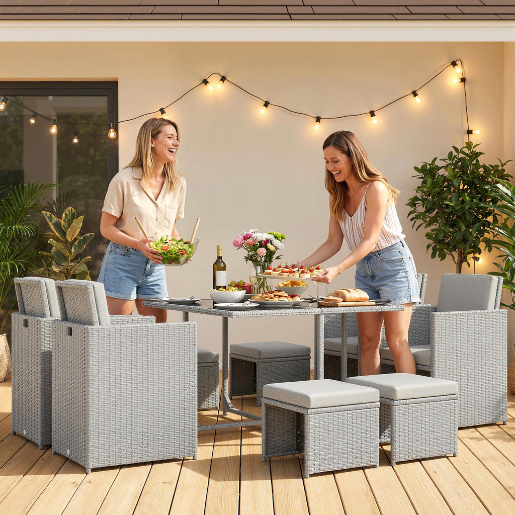 8 Seater Rattan Cube Garden Dining Set with Cushions, Light Grey
