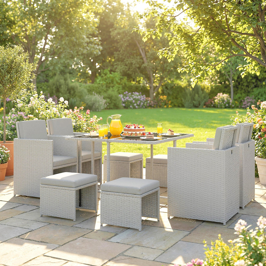 8 Seater Rattan Cube Garden Dining Set with Cushions, Light Grey