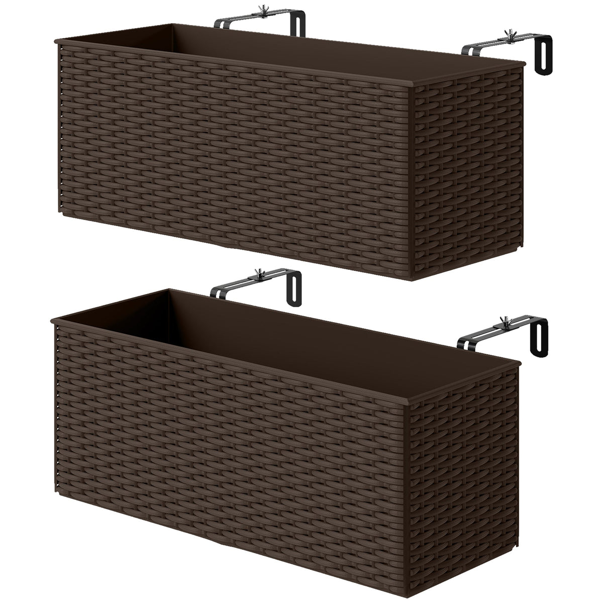 2 Pack 20" Railing Planter Boxes with Hooks and Drainage, Brown