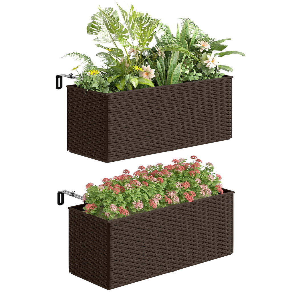 2 Pack 20" Railing Planter Boxes with Hooks and Drainage, Brown