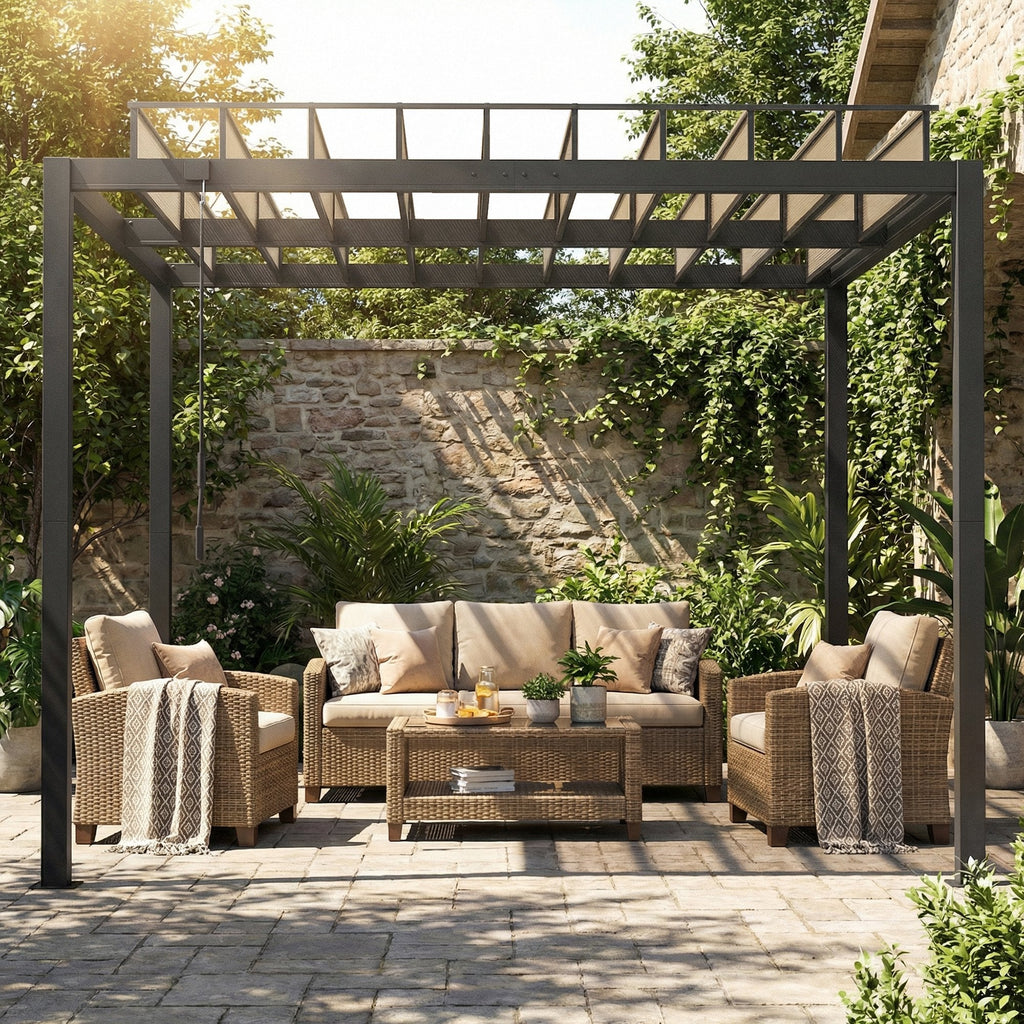 3 x 3 m Louvered Pergola with Adjustable Roof and Gutters, Coffee