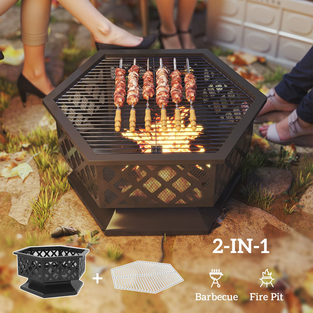 28" Outdoor Fire Pit Grill with Cooking Grate, Fire Poker and Spark Screen Lid