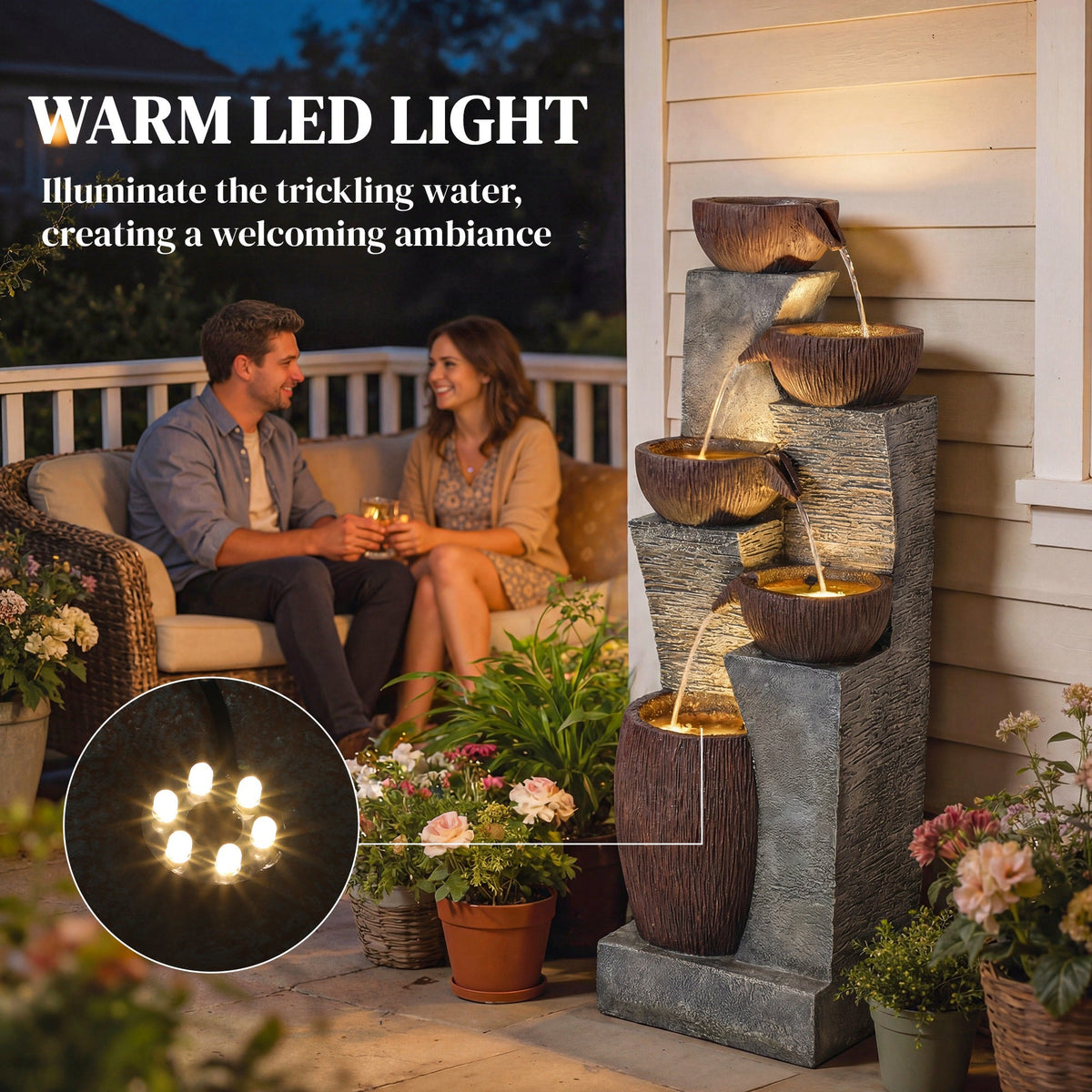 51.2" 5-Tier Water Fountain with LED Lights and Adjustable Flow, Gray/Brown