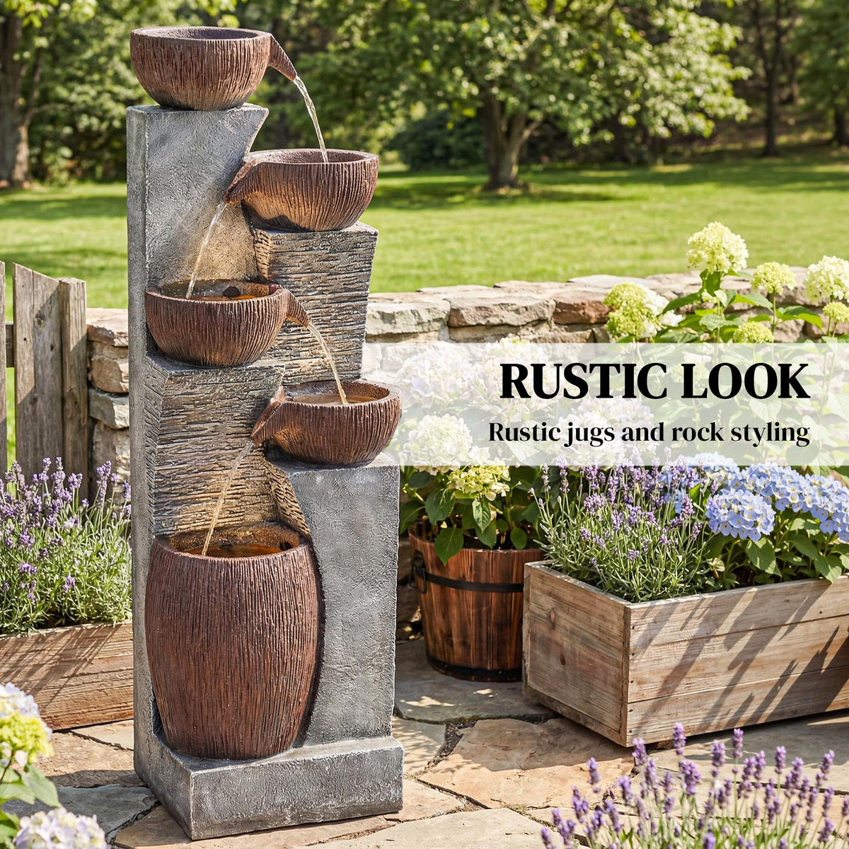 51.2" 5-Tier Water Fountain with LED Lights and Adjustable Flow, Gray/Brown