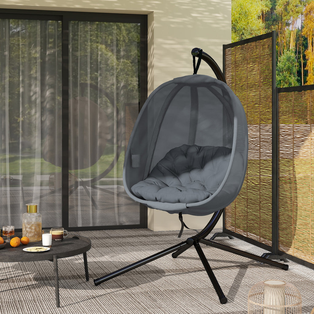 Hanging Egg Chair, Outdoor Indoor Swing Chair with Stand, Folding Basket and Thickened Cushion for Patio, Garden, Balcony, Grey