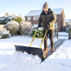 Heavy Duty Metal Snow Pusher with Wheels, 5-level Handle, 29in x 16.5in, Yellow