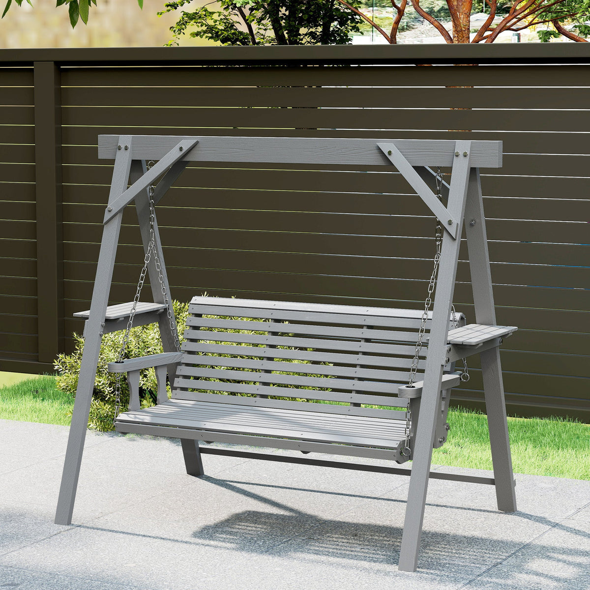 3 Seater Wooden Garden Swing Seat with Side Tables, Dark Grey