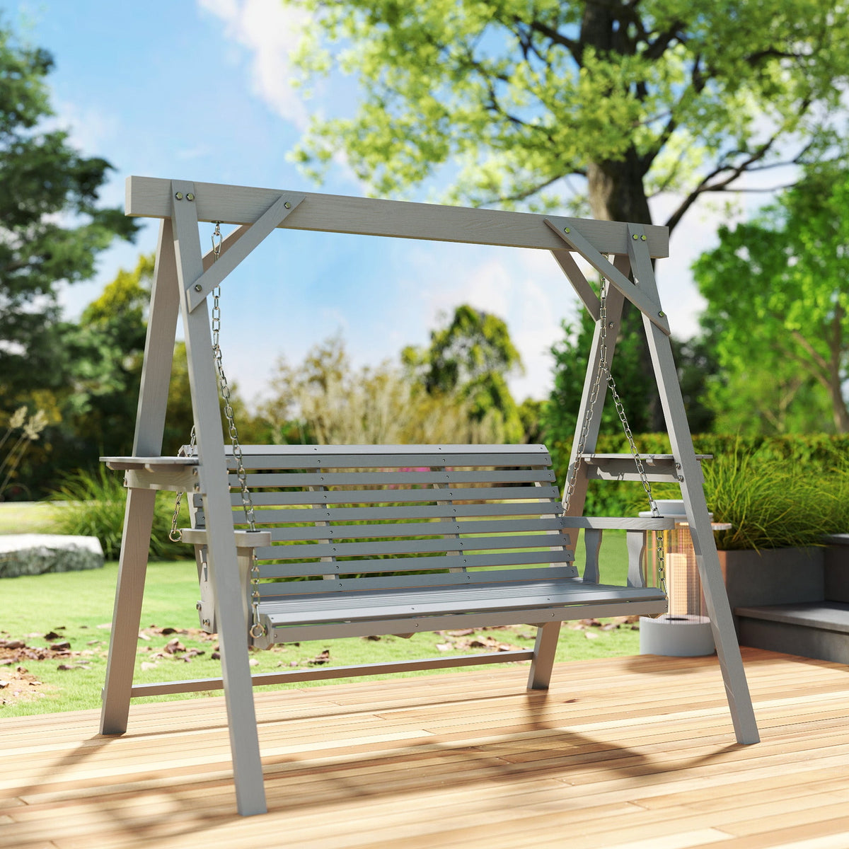 3 Seater Wooden Garden Swing Seat with Side Tables, Dark Grey