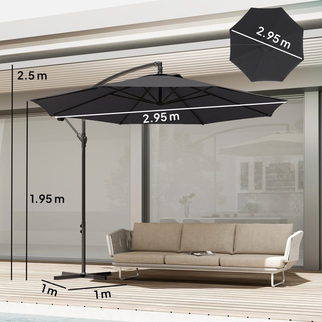 3 m Banana Parasol with Crank Handle, 8 Ribs & Cross Base, Black