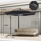 3 m Banana Parasol with Crank Handle, 8 Ribs & Cross Base, Black