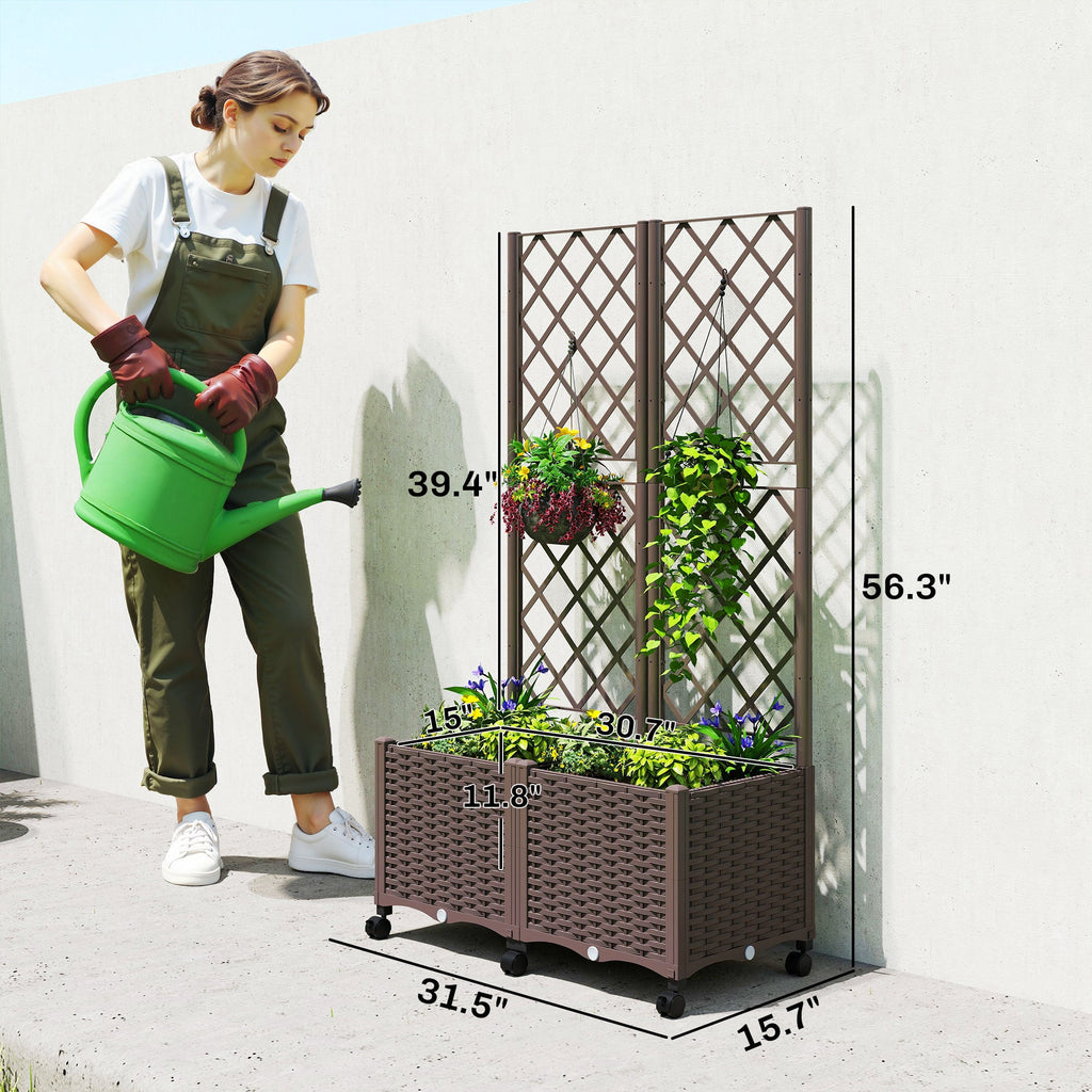 56.3" Self-Watering Planter Box with Trellis and Wheels, Brown
